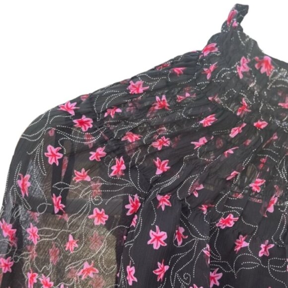 Elizabeth And James EUC Long Sleeve Black Pink Floral Sheer Smocked Neck Top Med - Picture 7 of 16